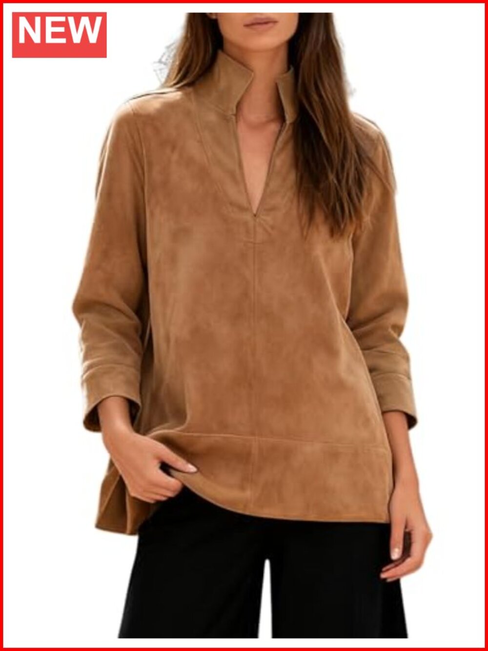 Women's Faux Suede Tunic Tops V Neck 3/4 Sleeve Stand Collar Blouse